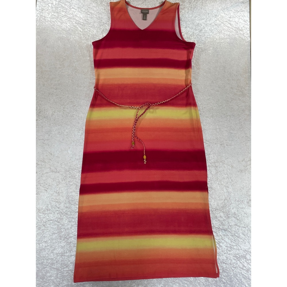 Chico's Maxi Dress Women 2 L Red Orange Ombre Stripe Sleeveless Belted EXCELLENT
